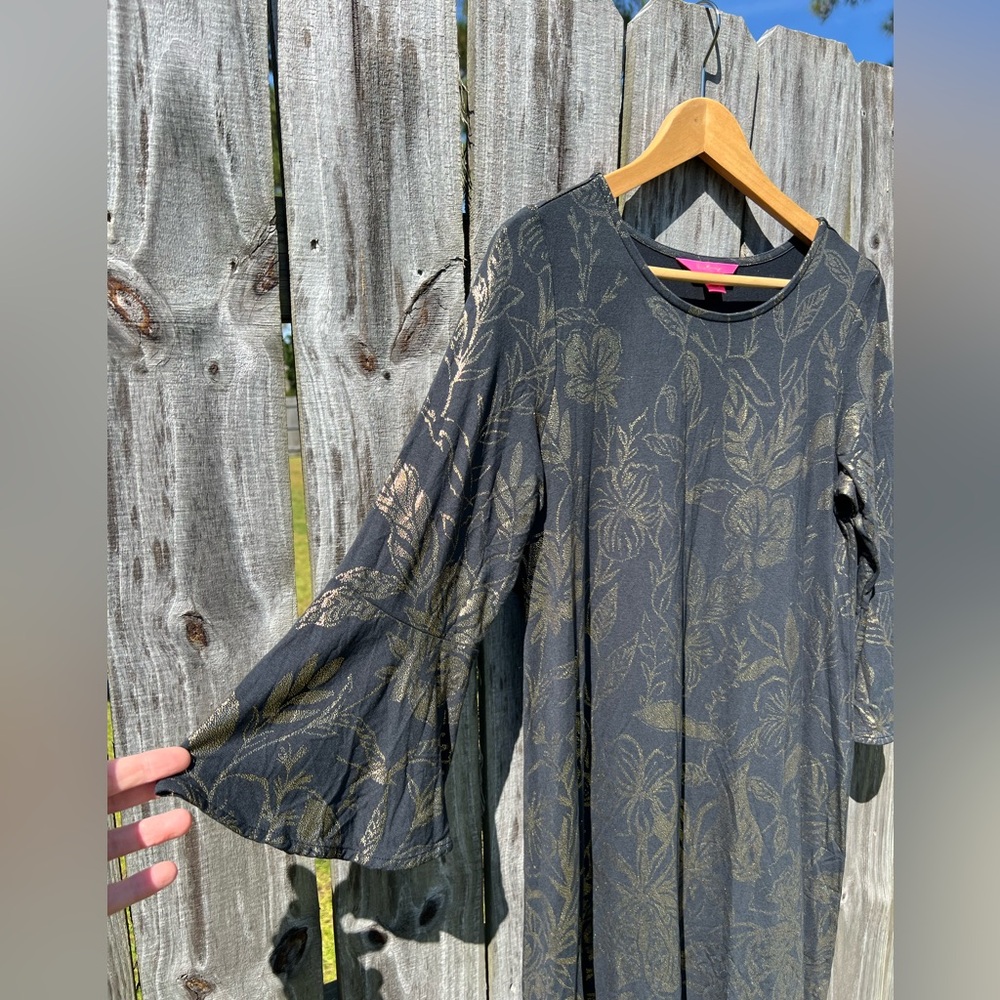 Lily Pulitzer: Black and Gold Floral Print Jersey Dress: Size Medium - Picture 3 of 7